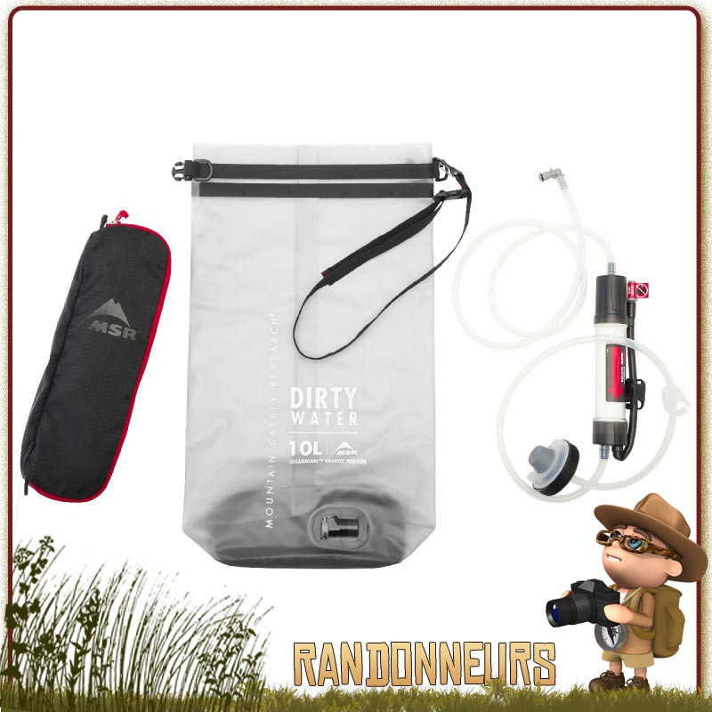 filtre guardian gravité MSR avec cartouche de filtration fibres creuses et poche à eau souple de 10 litres contre virus filtre guardian gravité MSR avec cartouche de filtration fibres creuses et poche à eau souple de 10 litres contre virus